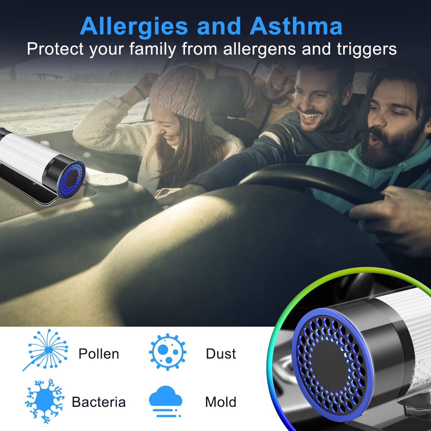QUEENTY HEPA Car Air Purifier, High Efficiency Carbon Filter, Eliminates Smoke, Dust, Pollen and Bad Odors for Auto and Small Space