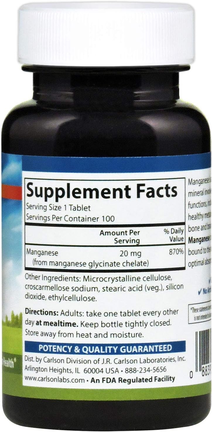 Carlson - Chelated Manganese, 20 mg, Superior Absorption, Healthy Metabolism, Bone Support & Brain Health, 100 Tablets: Health & Personal Care