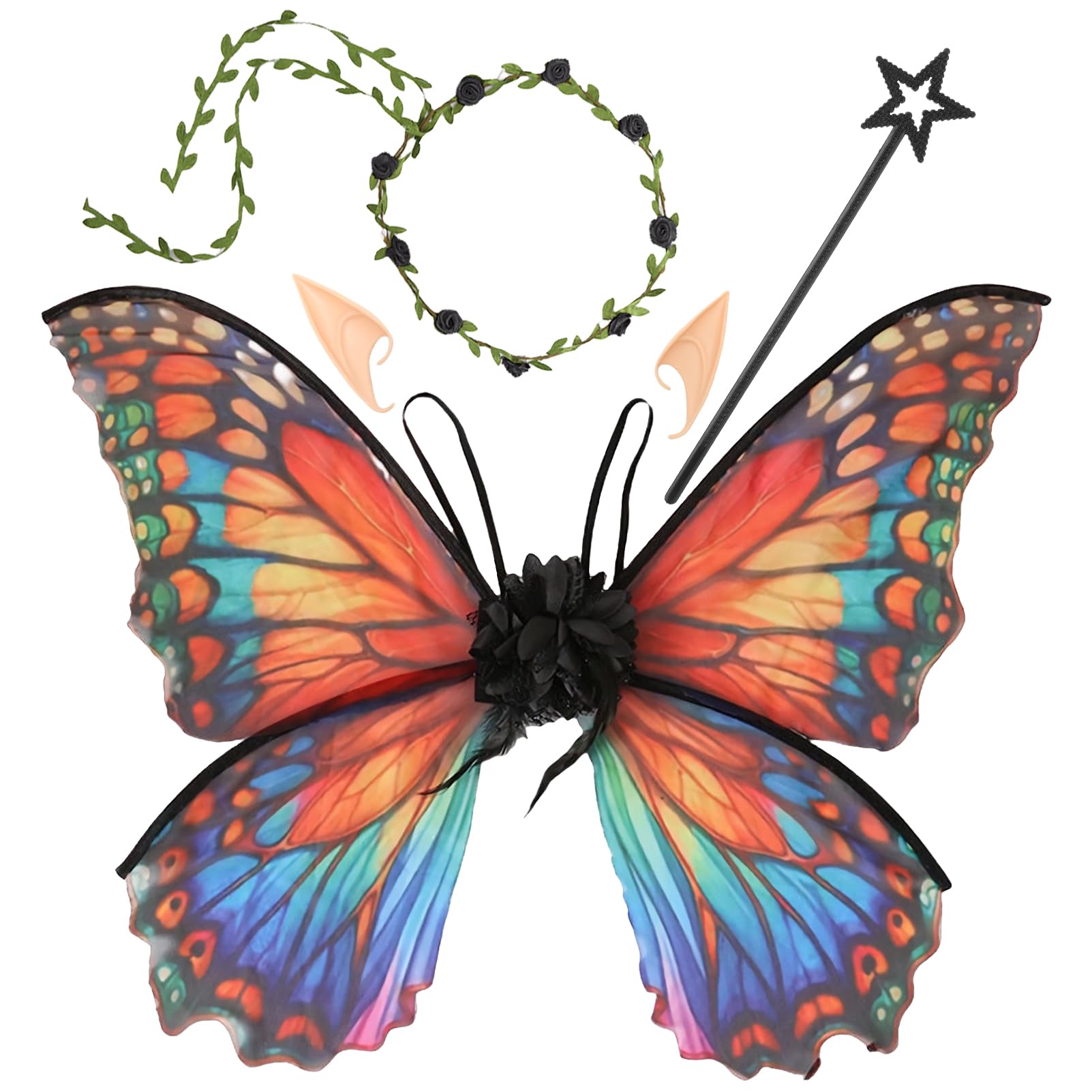 Snylcce Fairy Wings for Adults, Fairy Costume Set with Floral Garland, Hair Tinsel, Wand & Elf Ears Butterfly Wings
