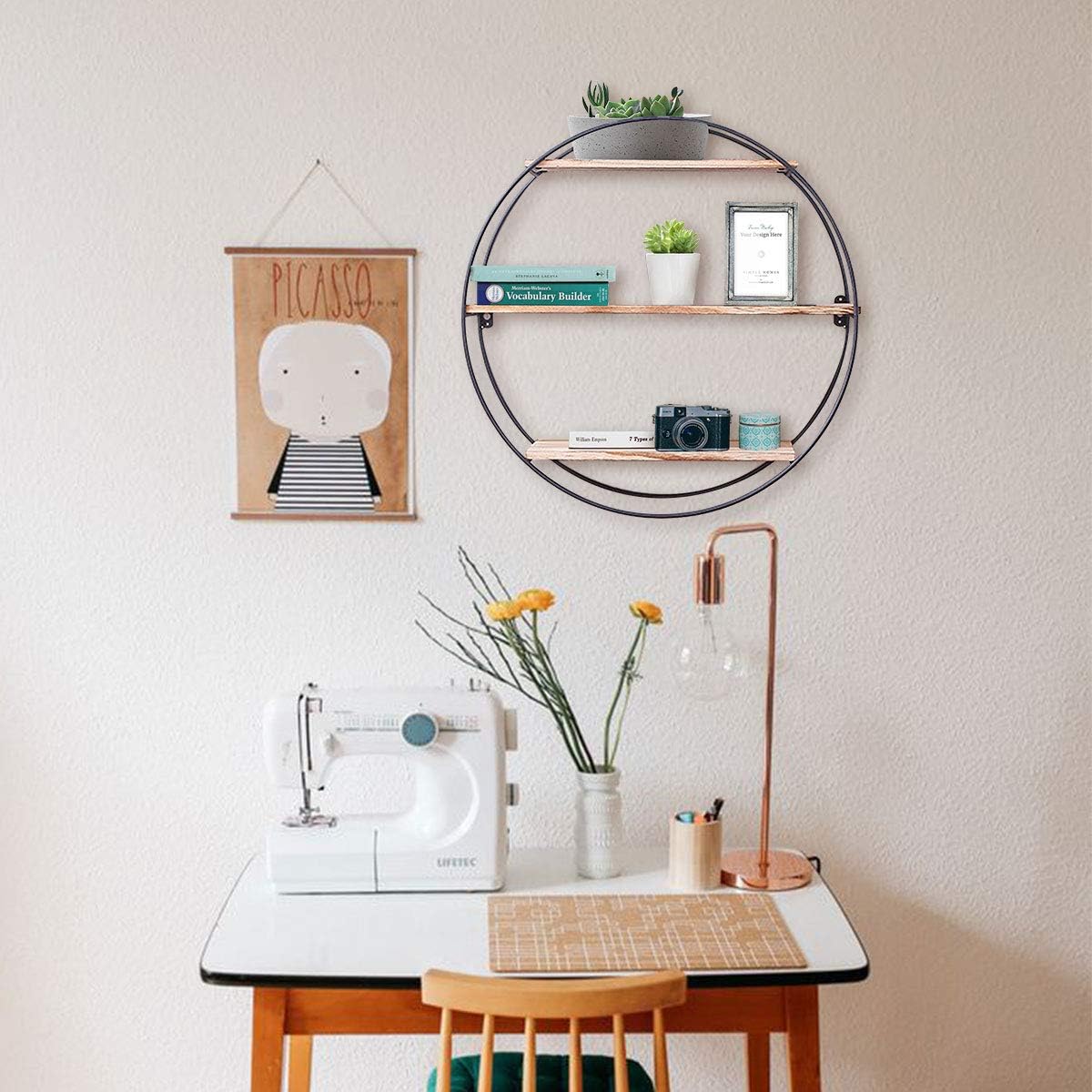 KINGSO Wall Shelf Rustic Wood Floating Shelves,Decorative Wall Shelf for Bedroom, Living Room, Bathroom, Kitchen, Office and More (Round): Home & Kitchen