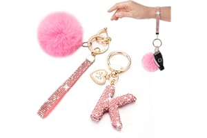 HONYJOOM Initial Letter Keychain for Women Girl Bling Rhinestone Sparkly Bag Backpack Purse Charm Cute Pom Pom Key Chain Wristlet