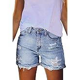 HUUSA Women's Ripped Denim Shorts High Waist Distressed Jean Shorts Casual Rolled Hem Frayed Short Jeans with Pockets