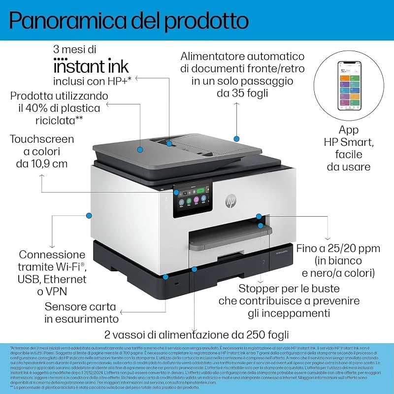 OfficeJet Pro 9132e 404M5B, Stampante Multifunzione a Getto d'Inchiostro A4 a Colori, Fronte e Retro Automatico, 25 ppm, Wi-Fi, Smart, 3 Mesi di Inchiostro Instant Ink Inclusi, Grigia