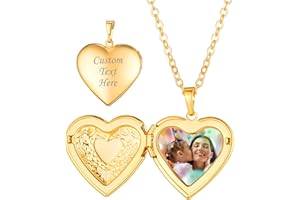 Custom4U Personalized Heart Locket Necklace with Pictures,Sunflower/Angel Wings/Heart Shaped Lockets Custom Photo,Gold/Rose G
