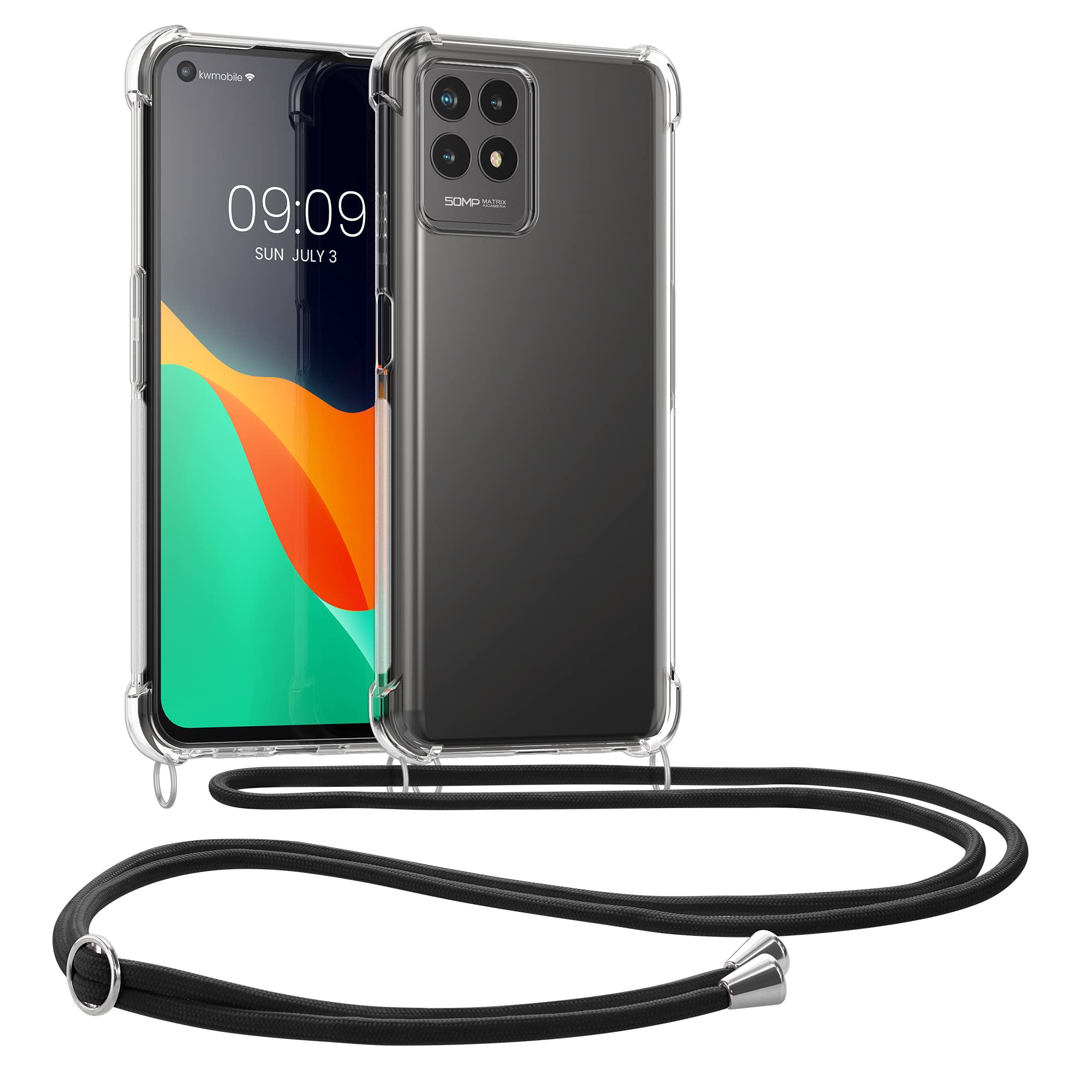 kwmobile Crossbody Case Compatible with Realme 8i Case - Clear TPU Phone Cover w/Lanyard Cord Strap - Black/Transparent