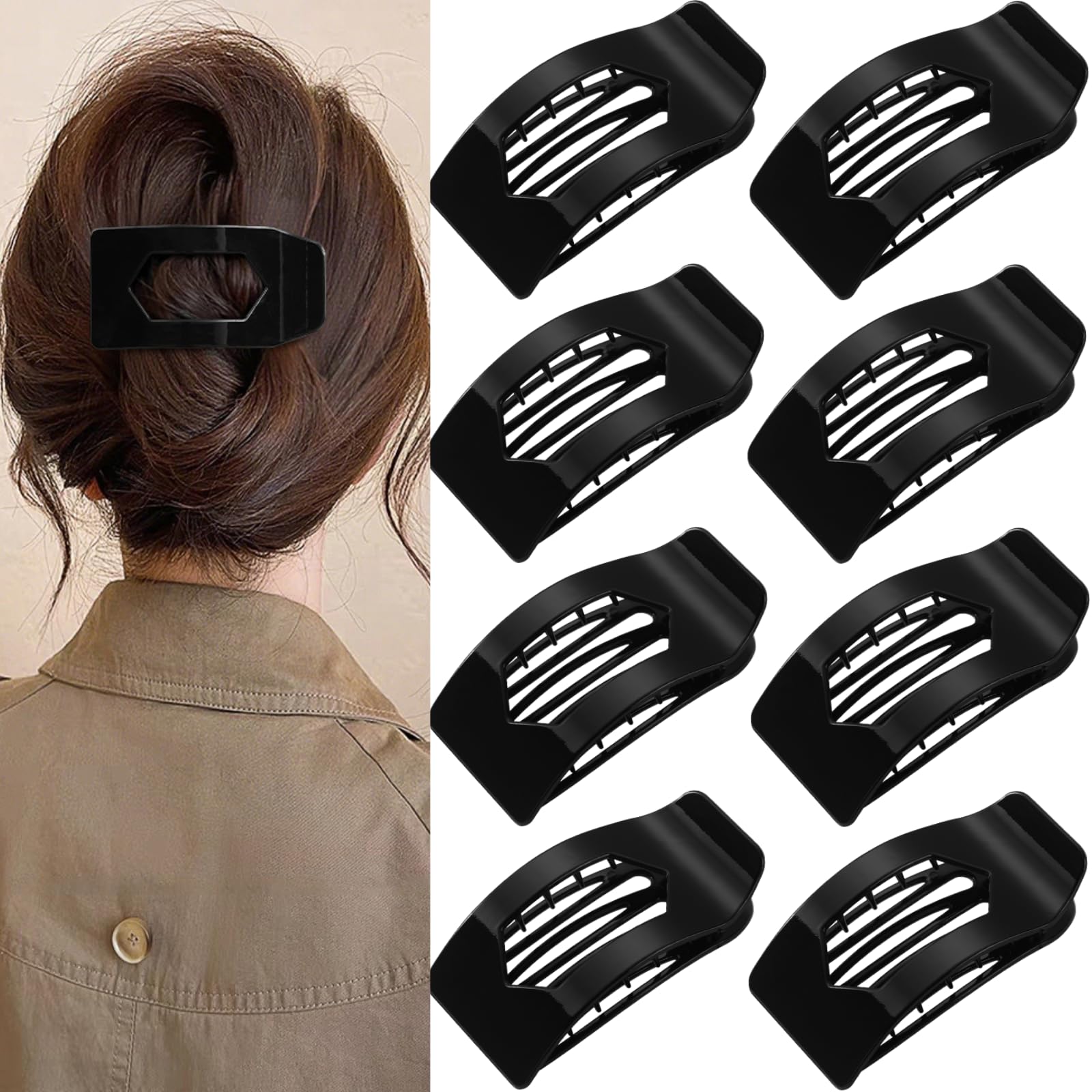 Photo 1 of 8 Pack Black Flat Hair Clips for Women – Large Glossy Rectangle No-Slip Claw Clips for Thick & Thin Hair, Strong Hold Square Hair Accessories for Work & Daily Styling