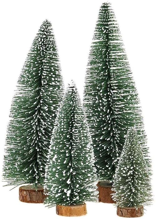 Miniature Christmas Tree, Mini Ornaments Tabletop Trees, miniture snowing pin trees with Wooden Bases for Christmas Holiday Party Home Decor Decorations (Plant green-4PCS)