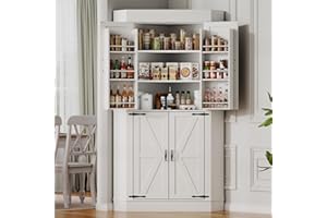 Gyfimoie Corner Cabinet,Kitchen Pantry Storage Cabinet,Freestanding Buffet Hutch with 4 Doors and Shelves,Tall Food Pantry Farmhouse Furniture with Side Rack for Kitchen Dining Room (White)