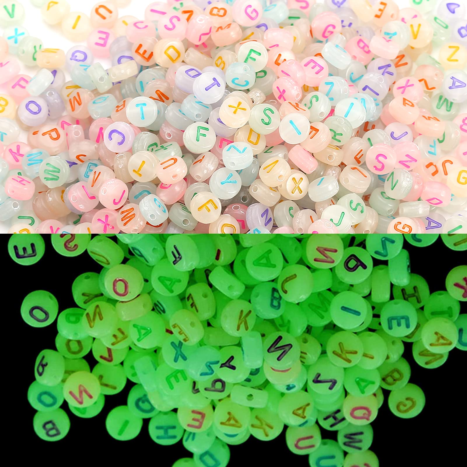 HERZWILD 1000pcs Colorful Luminous Acrylic Alphabet Glow in The Dark Charm Bead， Loose Spacer Beads Charms Letter Beads Round A-Z for Jewellery Crafts.(4x7mm)