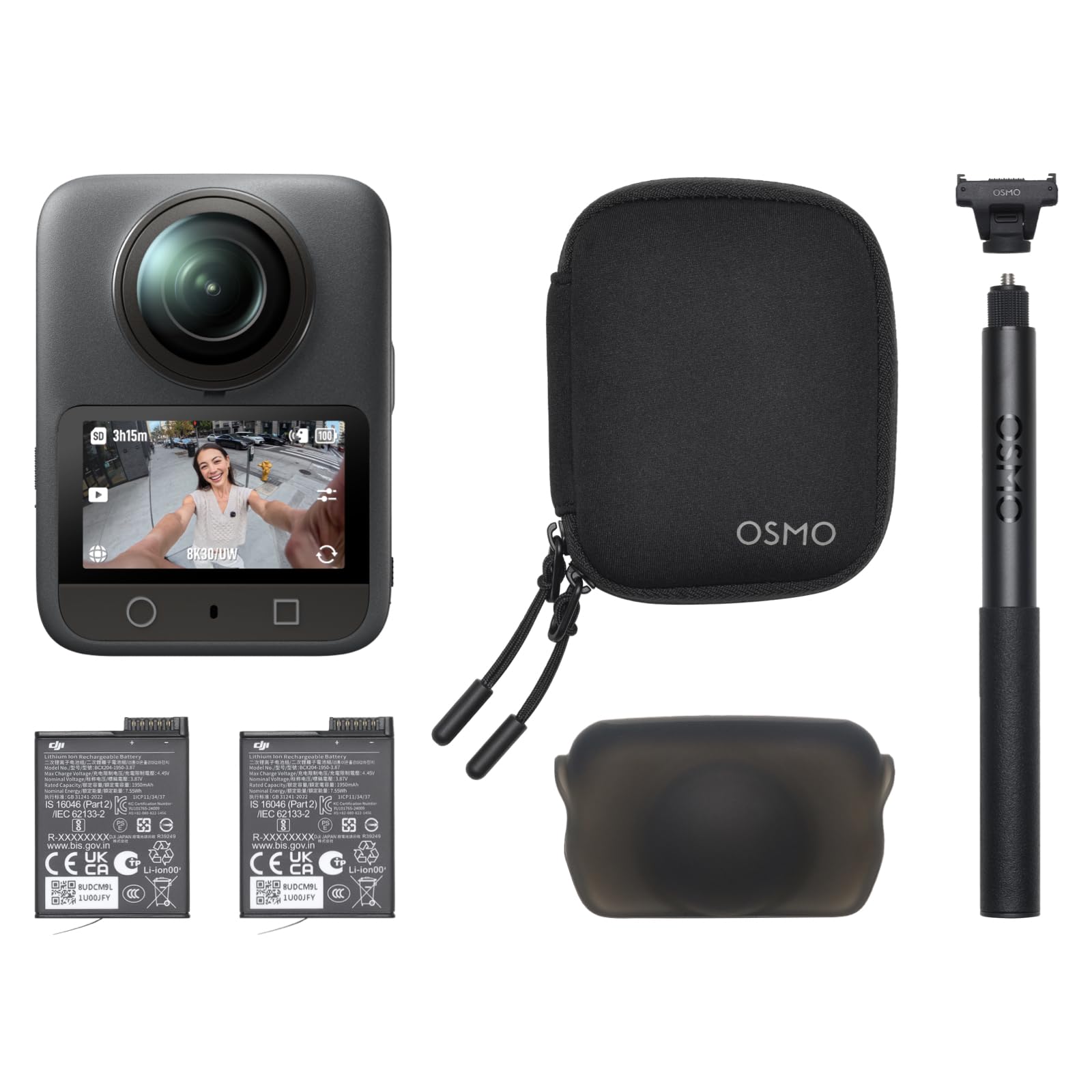 DJI Osmo 360 Essential Combo, 360 Kamera mit 1-Zoll 360° Aufnahmen, Natives 8K 360° Video, 1,2 m unsichtbarer Selfie-Stick-Kit, verlängerte Akkulaufzeit mit 2 Akkus
