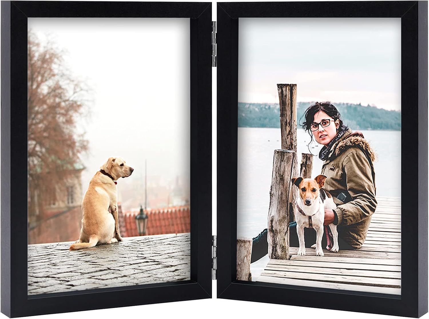 Photo Albums, Frames & Accessories - 4x6 Double Picture Frame Wooden Hinged Photo Frame Definition Glass Stand Vertically on Desktop or Tabletop Black