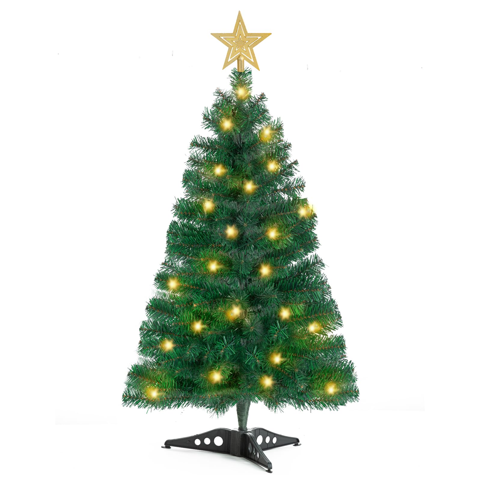 Photo 1 of 3FT Artificial Christmas Tree with Lights Green Mini Tabletop Christmas Tree with Plastic Stand and Tree Topper Lighted Battery Operated Mini Xmas Pine Tree for Indoor Outdoor Holiday Home Decoration