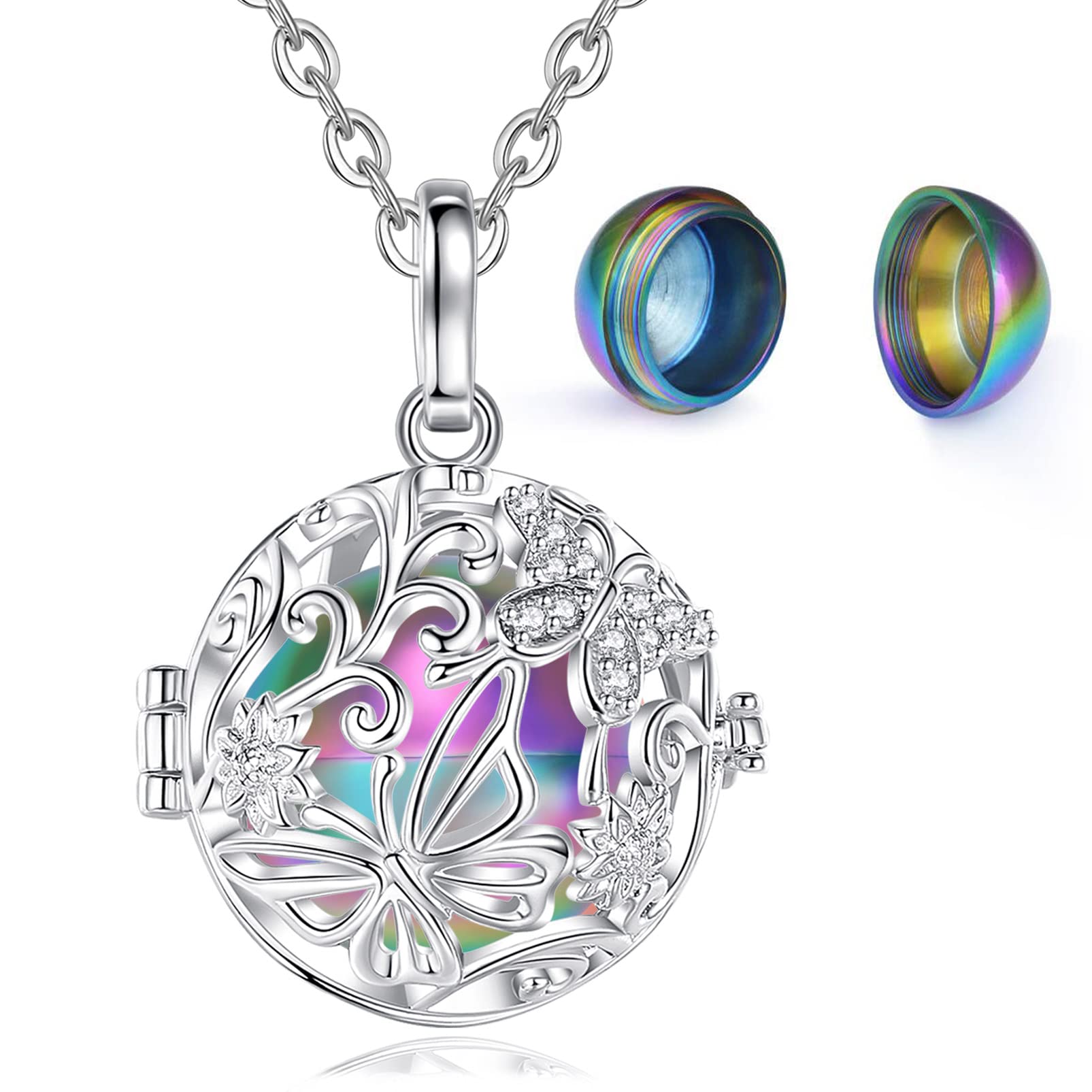 EUDORA Harmony Ball Necklace for Ashes Cremation Jewellery - Butterfly Pendant Keepsake - Funeral Memorial Gift for Human & Pets, 61cm