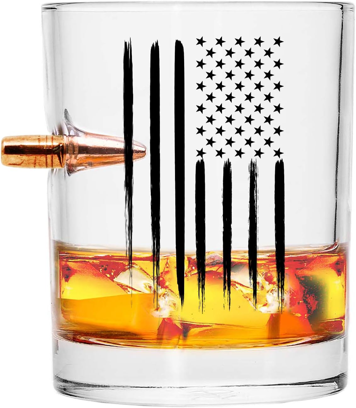 Real Projectile American Flag Whiskey Rocks Glass &ndash; Hand Blown Glasses &ndash; 8 Oz Old Fashioned Glass for Scotch, Bourbon or Whiskey &ndash; .308 Bullet Whiskey Glass