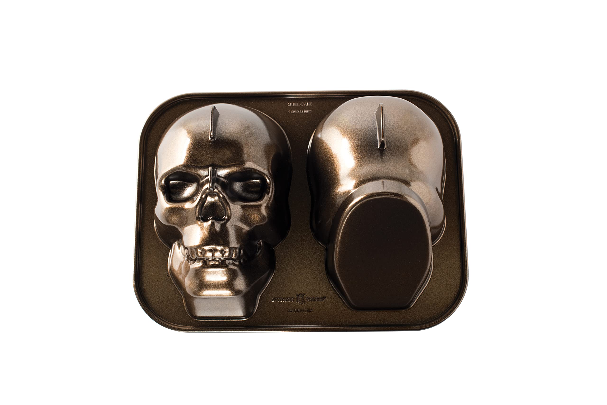 Nordic Ware Haunted Skull Cake Pan, 3D Cast Aluminium Bundt Tin, Bundt Cake Tin with Skull Pattern, Premium Cake Mould Made in The USA, Colour: Bronze, 88448