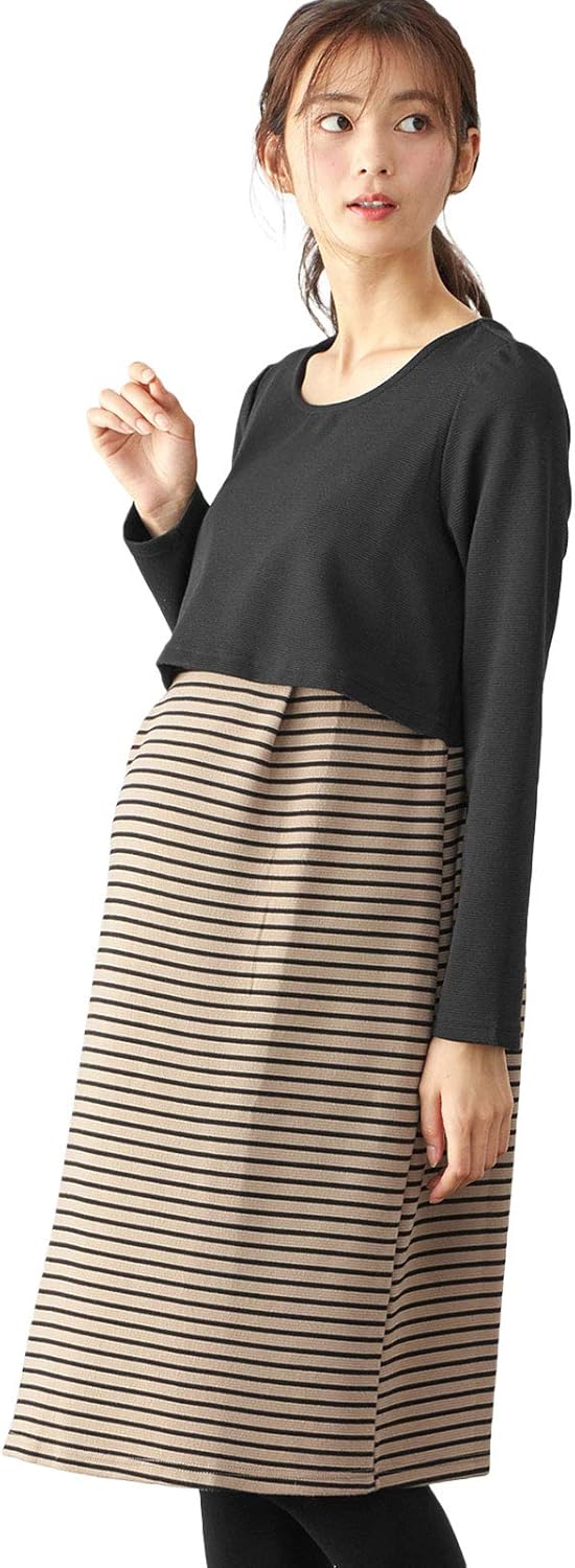 ANGELIEBE エンジェリーベ マタニティ 授乳口付き リップル 授乳口付 ワンピース 産前産後 授乳服 長袖 M ブラック 29266160