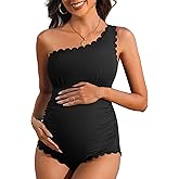 Charmo Scalloped One Shoulder Maternity Swimsuit Ribbed One Piece Pregnancy Ruched Bathing Suit for Women Swimwear 2025