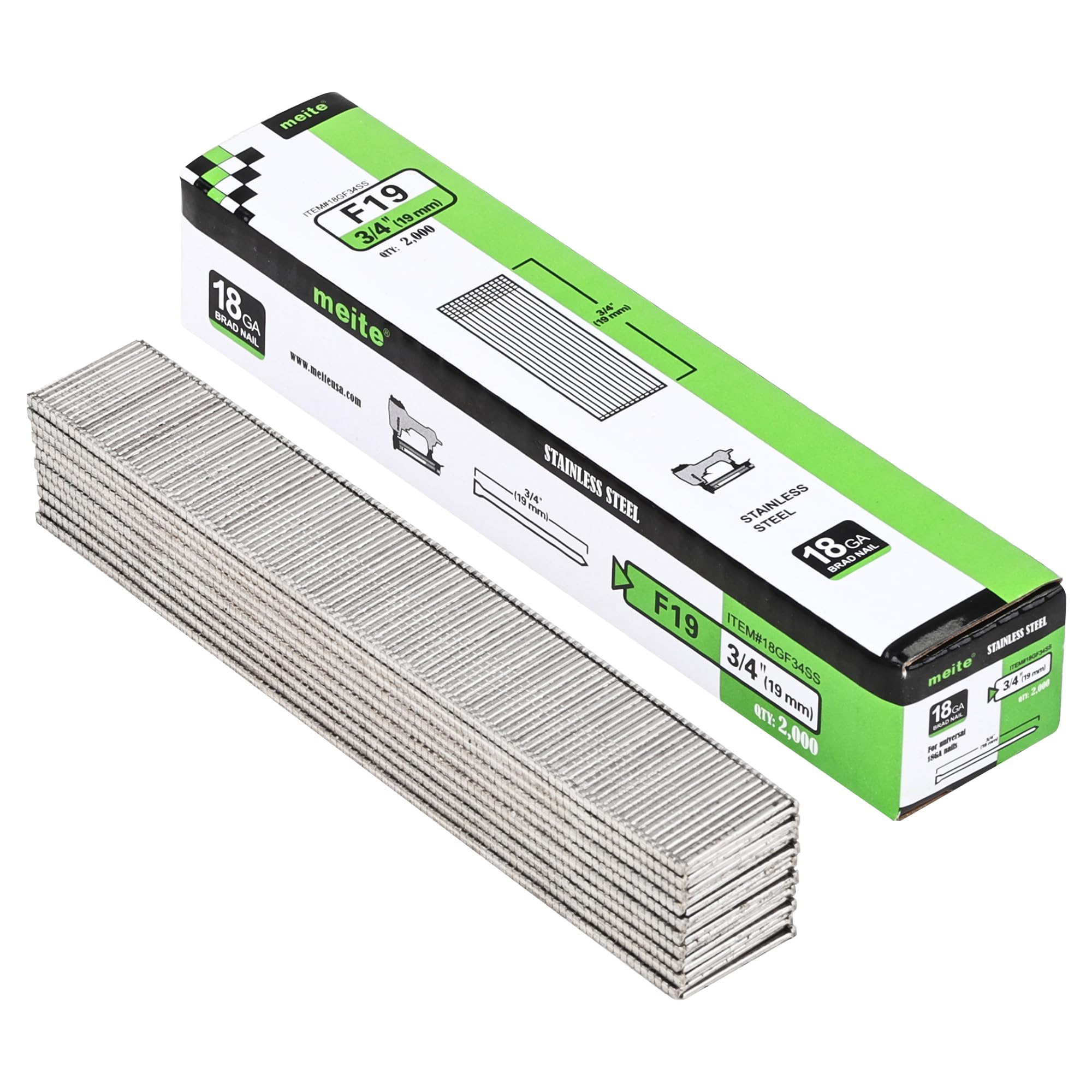 meite 18 Gauge Stainless Steel Brad Nails, Type 18G/19 mm 18GA Brad Nails, 304 Stainless Steel Small Finishing Nail Gun Nails for Pneumatic, Electric Brad Nailer Gun (2,000 Counts)