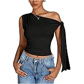 Milumia Women's Ruched One Off The Shoulder Tank Tops Asymmetrical Neck Tie Shoulder Going Out Top