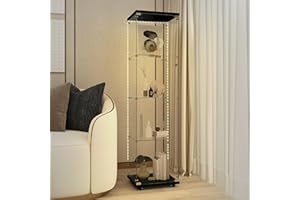 nifoti 65" H 4-Shelf LED Lights Strip Glass Display Cabinet with Lock & Casters, Modern Wooden Curio Storage Cabinet Collection Display Case, Tempered Glass Bookshelf Case for Living Room(Black)