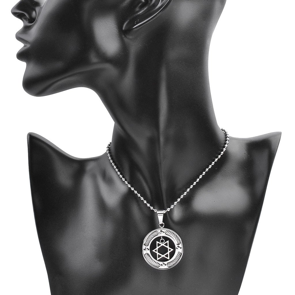 Zysta Collier de Pendentif Star of David/Étoile de David/Hexagramme Rond Juive Talisman Prière Couleur Argent en Acier Inox pour Homme Femme