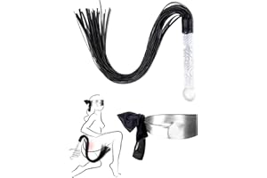 Adult Flogger Glass Handle 27.5 inch Black Blindfold Satin Mask Whip Bedroom Cosplay Set