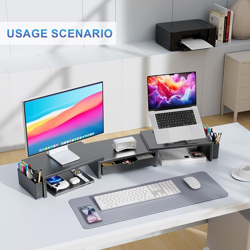 Suporte duplo para elevadores para monitores, organizador de secretária com gaveta e 2 suportes para canetas, suporte para monitor de computador, prateleira para secretária