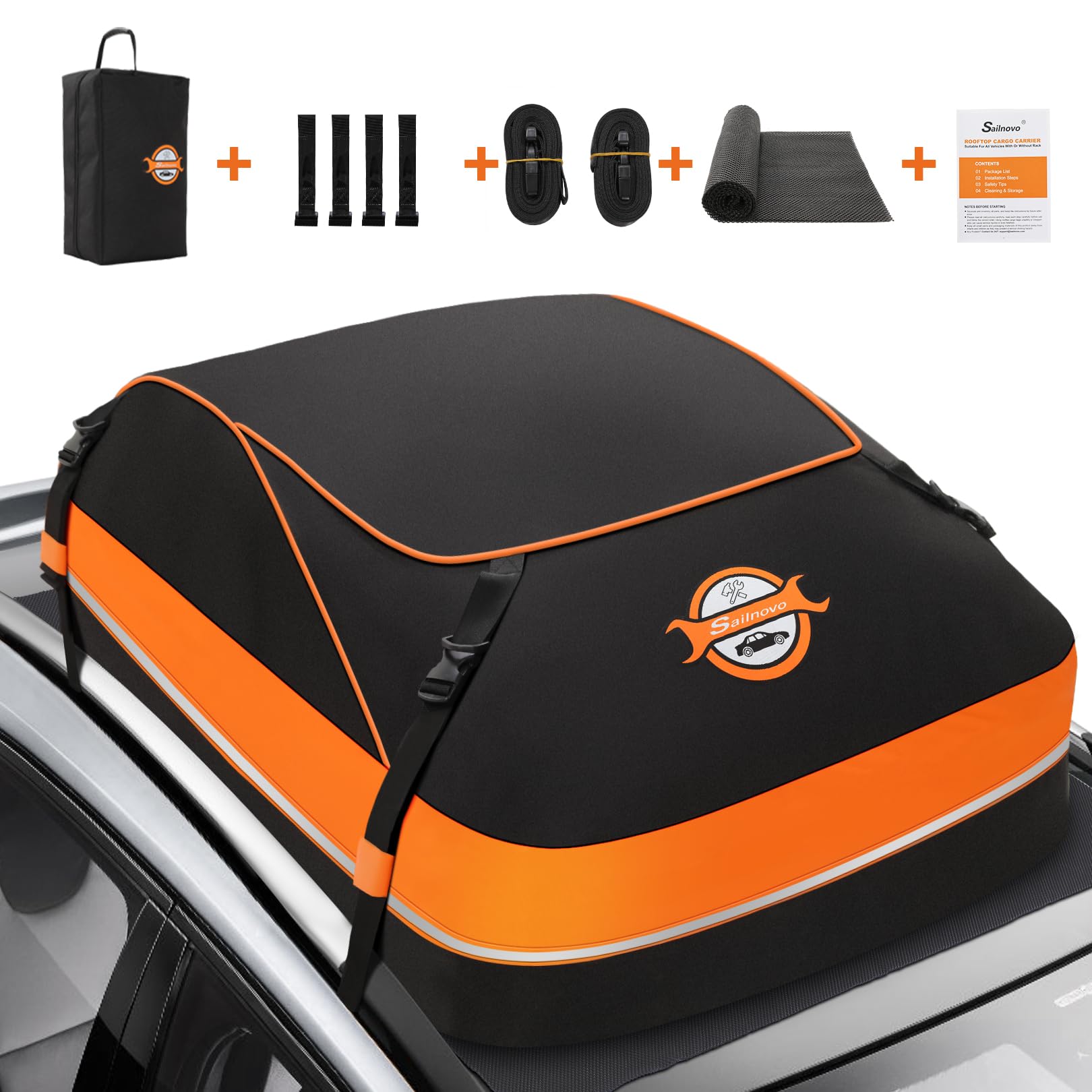 Photo 1 of Sailnovo Rooftop Cargo Carrier, 15 Cubic Waterproof Soft-Shell Car Roof Cargo Carrier for Top of Vehicle with/Without Roof Rack, Car Top Carrier with Anti-Slip Mat, Safety Hooks & Storage Bag