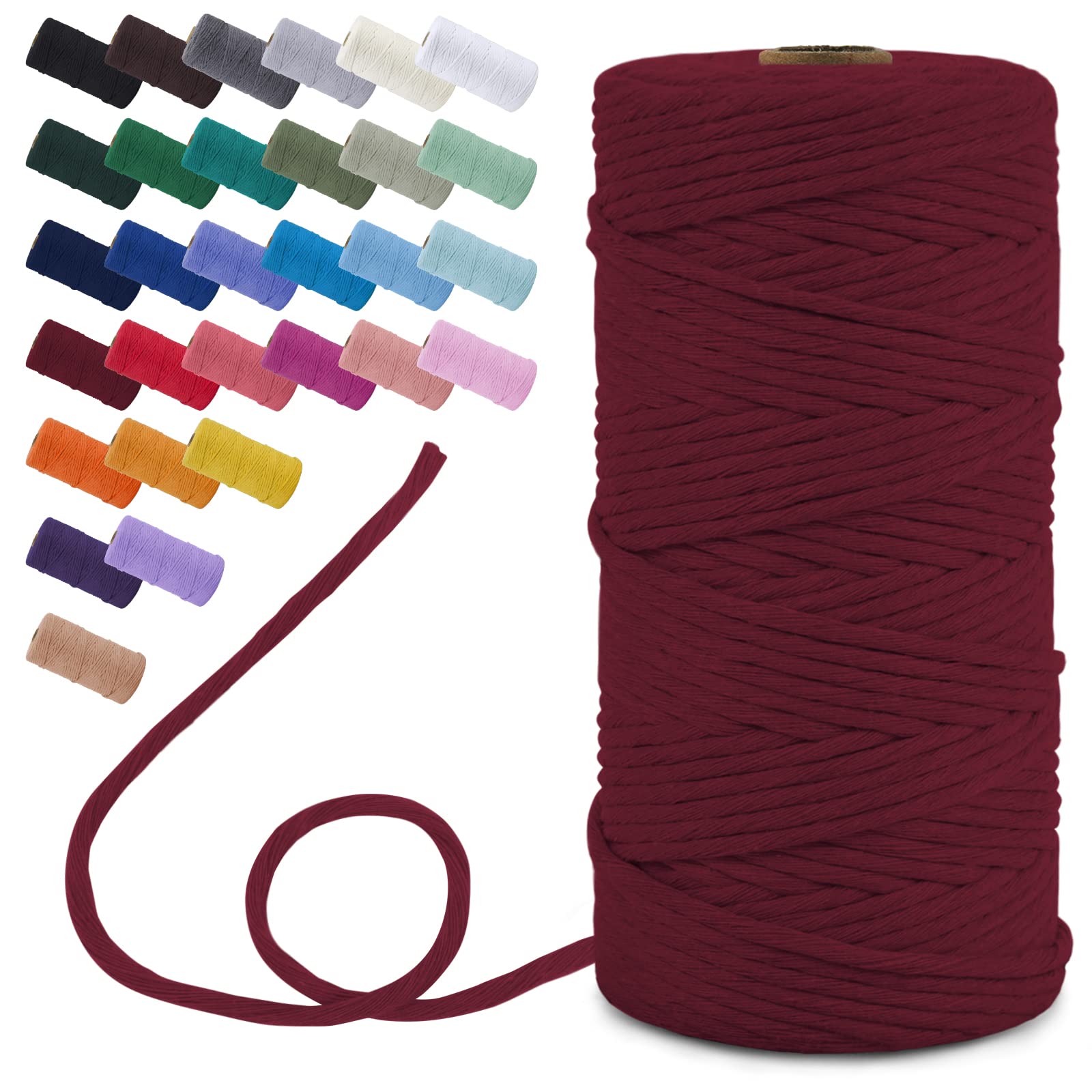 Uiopa Macrame Cord 3mm x 100m, Single Strand Macrame Yarn Thick Thread Natural Cotton Cord, Coloured Macrame Craft String for DIY Crafts, Wall Hanging, Plant Hanger, Tassels (Wine Red)