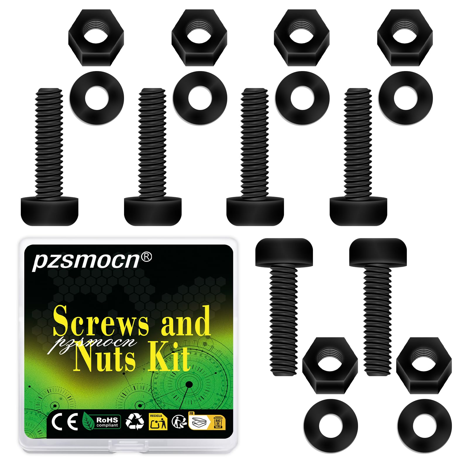 Pzsmocn 300 Pieces/100 Sets M2*15 mm Plastic Black Nylon Cross Round Head Screw Hexagonal Nut Combination Kit, with Insulating Washers, Standard Size, For DIY and Electronic Assembly. — image 1
