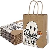 JarThenaAMCS 24 Pcs Halloween Kraft Paper Bags with Handles White Ghost Bow Pumpkin Gift Bags Candy Goodie Bag for Party Birthday Favors Supplies, 5.9 x 3.1 x 8.3 Inch