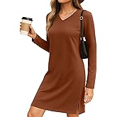 levaca Dresses for Women 2026 Spring Fall Fashion Casual Long Sleeve V Neck Tshirt Dress Side Split Outfits with Pockets
