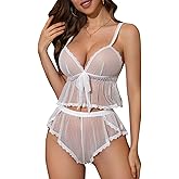 Kolagri Women Sexy Lingerie Mesh Pajamas Set Polka Dots See Through Sleepwear Sheer Cami Top and Shorts Teddy Nightwear
