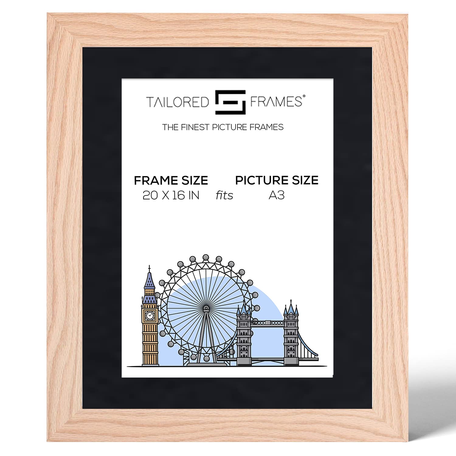 Tailored Frames 99 Solid Natural Oak 20" x 16" Frame for A3 Picture | Single Picture Frames | Wall Hanging Type | Photo Frame with Black Mount