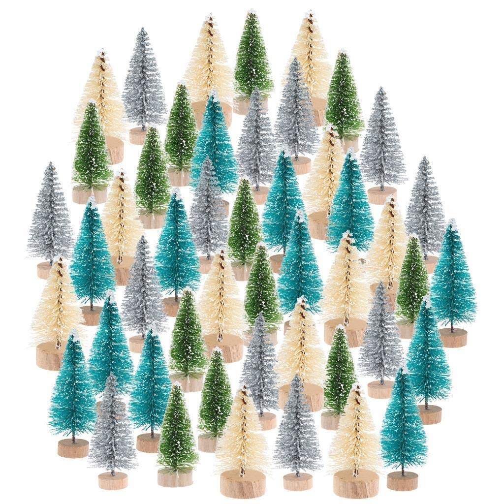 Peerless 48Pcs Mini Christmas Pine Trees with Wood Base Artificial Sisal Trees Bottle Brush Trees for Winter Snow Miniature Scenes DIY Christmas Crafts Xmas Home Desk Tabletop Decor