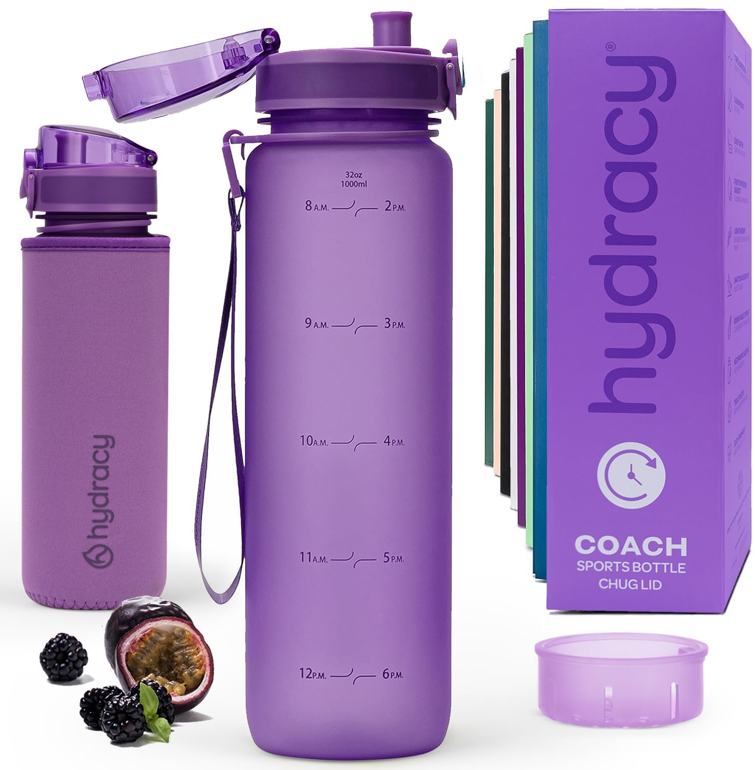 Hydracy Water Bottle with Time Marker - Large 1 Litre BPA Free Water Bottle - Leak Proof & No Sweat Gym Bottle with Fruit Infuser Strainer -Ideal for Fitness or Sports & Outdoors -Berry Blue