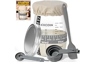 Kikcoin Sourdough Bread Starter Kit, 35oz Large Sourdough Jar with Marked Feeding Band, Thermometer, Sourdough Starter Jar Glass for Baker, Sourdough Bread Baking Supplies, Gray