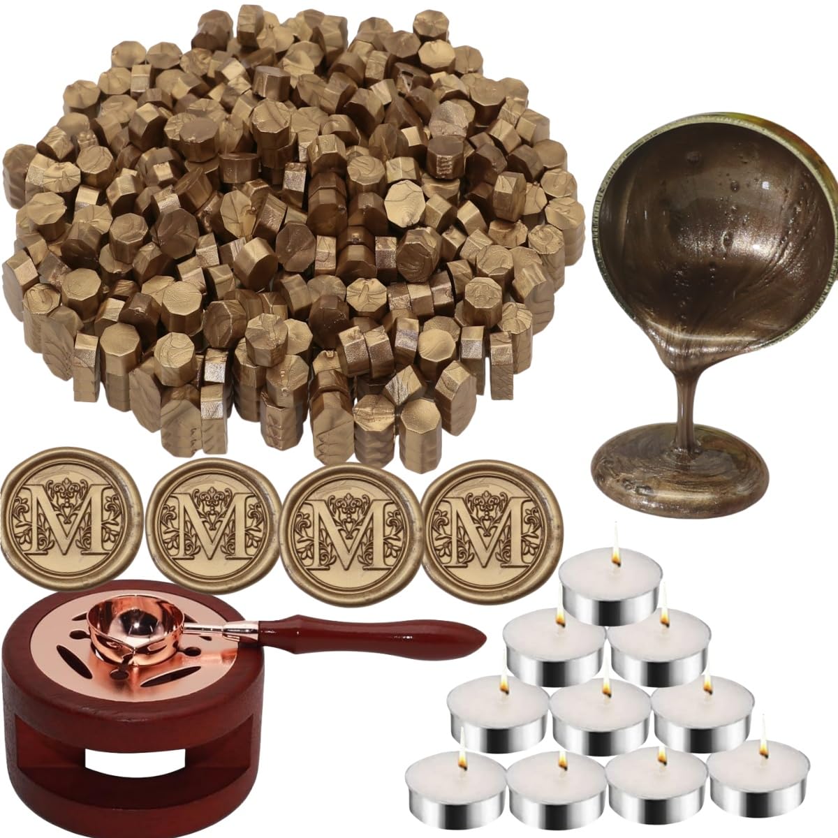 Sealing Wax Beads Kit, Atopbb 300pcs Mixed Red Color Wax Seal Beads, 1pcs Wooden WaxSeal Warmer, 1pcs Melted Spoon and 10pcs Tea Candles for WaxSealing Stamp Kit (300, Bronze)