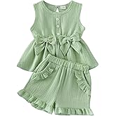 Aenbilo Baby Girl Clothes Toddler Summer Outfits Cute Bow Sleeveless Top and Ruffle Shorts 2pc Set 1-5 Years Old
