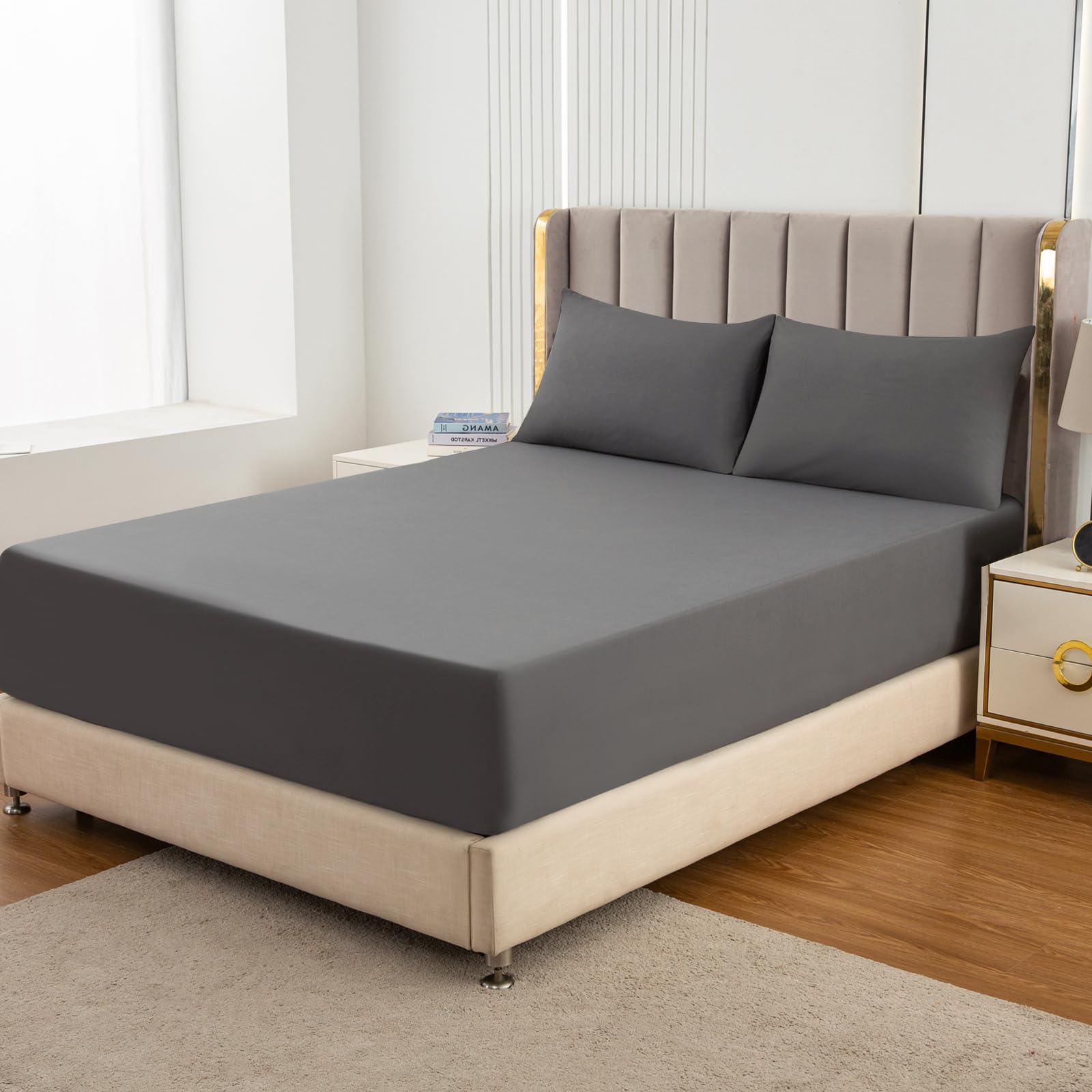 Soifox Super King Fitted Sheet Dark Grey - Bed Sheets with Extra Deep Pocket 16 inch (40 cm), Soft Microfiber Bottom Sheet for Superking Bed, 180x200cm