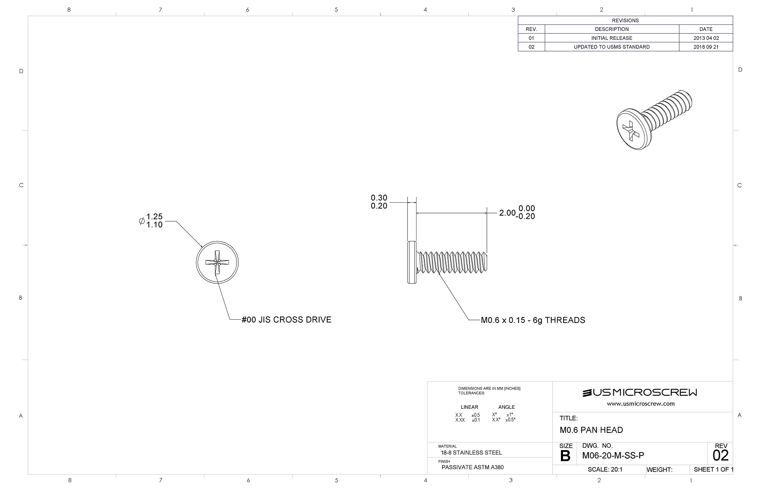 M0.6-0.15 x 2mm Machine Screw Stainless Steel Pan Head Phillips Drive (100 pcs) - M06-20-M-SS-P
