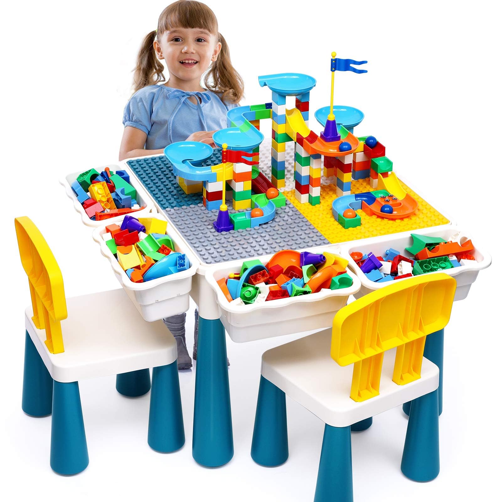 Kids Activity Table Toddlers Kids Table and Chair Set with 152Pcs Large Marble Run Building Blocks All in One Kids Play Water Tables Sand Tables, STEM Toys for Boys Girls 3 4 5 6 Year Old