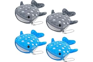 Whale Shark Coin Purse with Keychain, Krinisou Small Cute Kawaii Funny Animal Plush Coin Pouch with Zipper for Kids Girls Boys 4Pcs