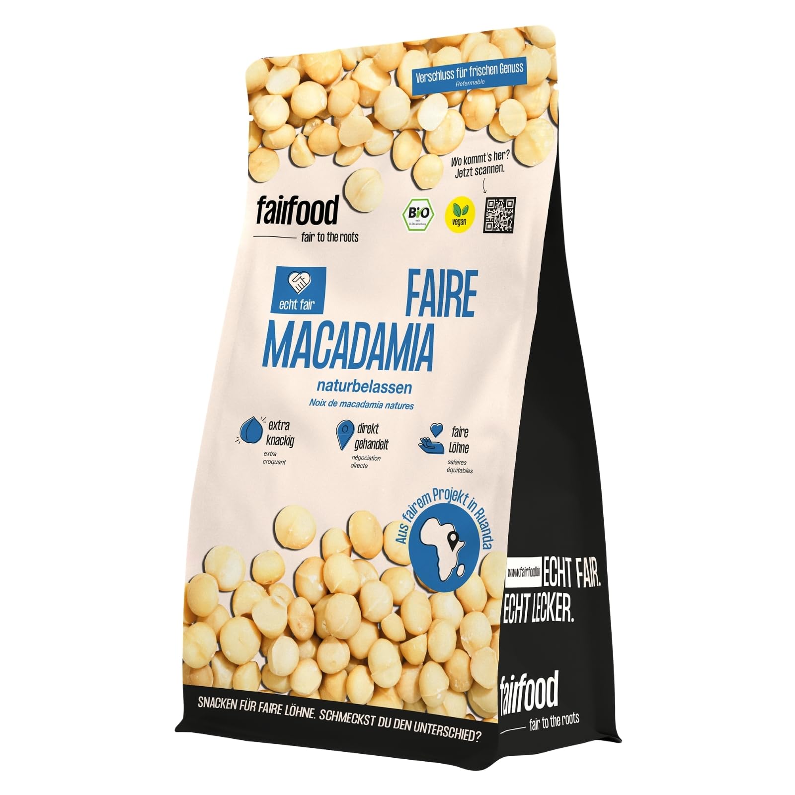 fairfood Bio Macadamianüsse naturbelassen 500 g – Fair & vegan – ungesalzen & ohne Zusätze – knackiger Snack – aus eigenem Projekt in Ruanda