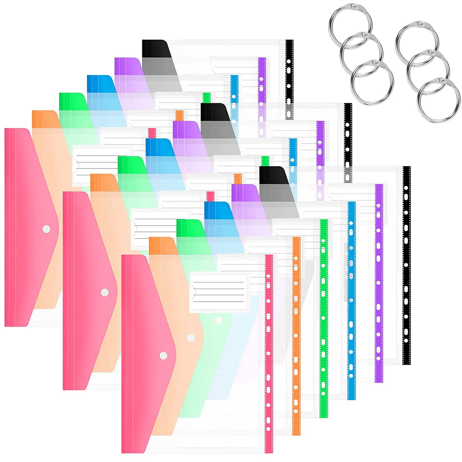 Pack of 18 A4 Document Folders, Filing Folder, A4 Transparent Pocket with 11 Hole Edge, Press Stud and Label Pocket for Document Organising, 6 Colours