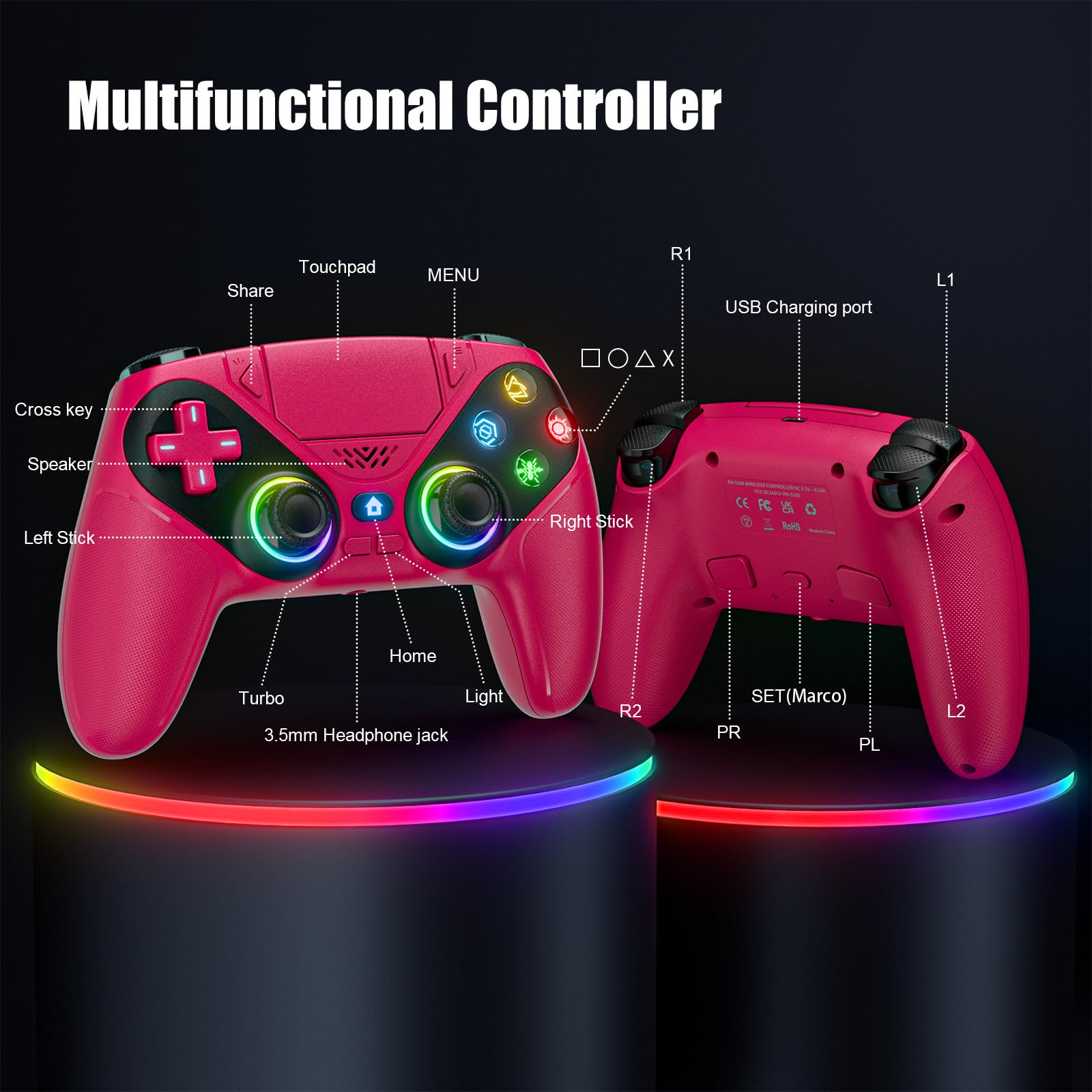 Nonbliep LED for PS5 Controller, for PS5 Slim/Pro/PC, Wireless Controller with 9 Colors RGB Light/Dual Vibration/Turbo/3.5mm Audio Jack/Speaker/Programmable for Playstation 5 Controller