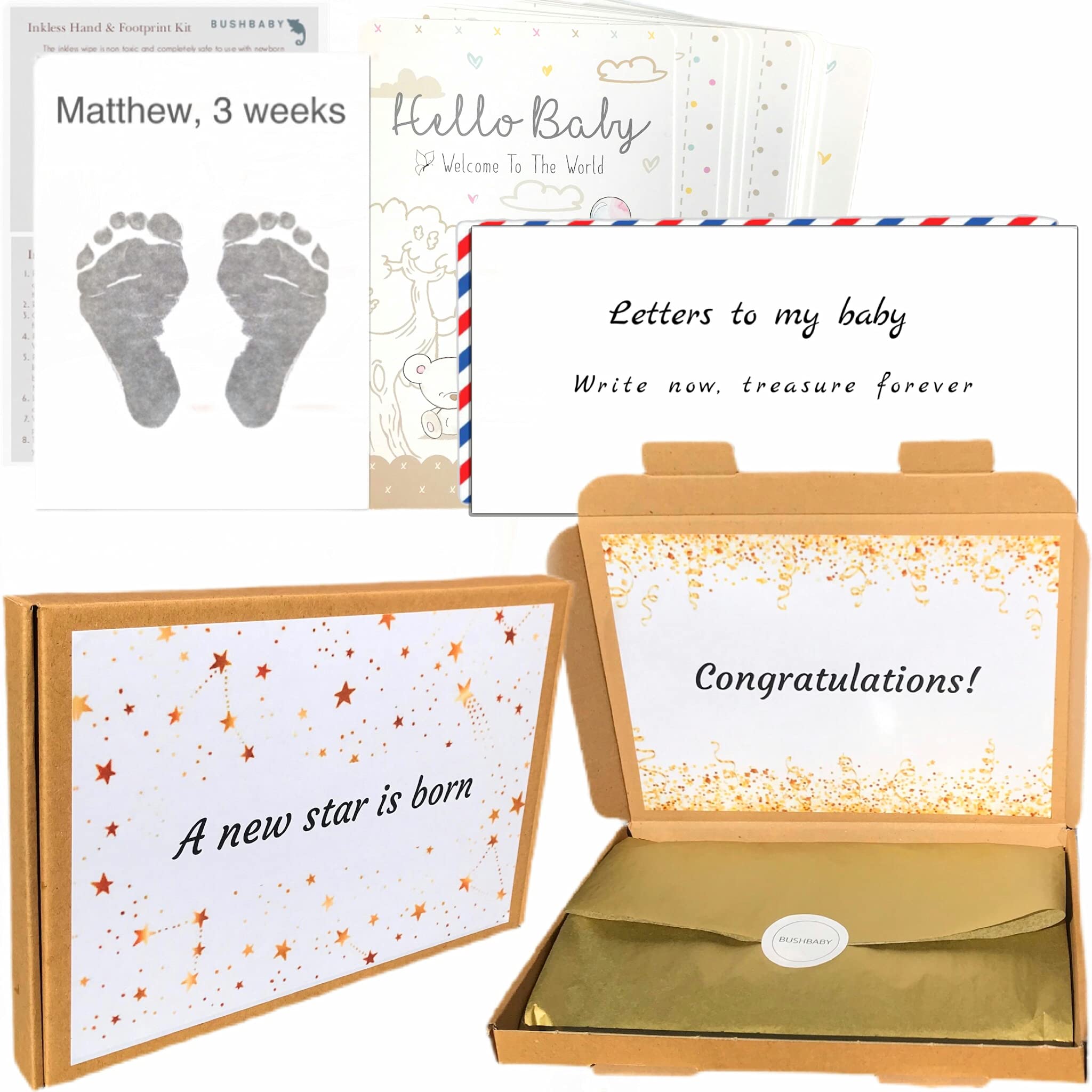 BUSHBABY Ultimate Keepsake Collection A New Star is Born, Baby Shower Gifts, Unique Newborn New Baby Gift for Mum, Inkless Hand and Footprint Kit, Milestone Cards, Letters to My Baby, Boy Girl Unisex