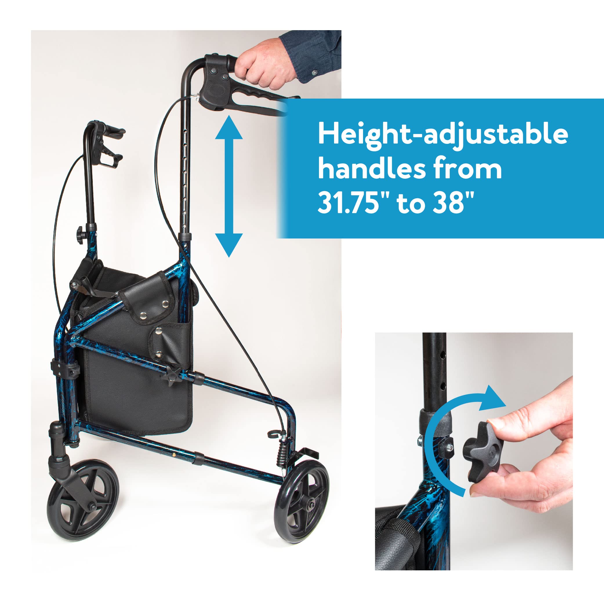 Carex 3 Wheel Walker for Seniors, Foldable, Rollator Walker with Three Wheels, Three Wheel Rolling Walker Height Adjustable for Seniors, Blue, Trio, Folding