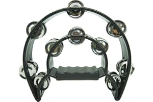 YAYUZEST Half Moon Musical Tambourine Double Row Metal Jingles Hand Held Percussion Tambourines Musical Instrumen with Ergonomic Handle Grip for Adults Church KTV Party (Black)