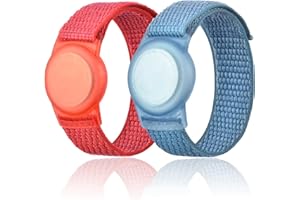 QONUIY 2 Pack Kids Wristband Compatible with Apple AirTag, Protective Case for Air Tag GPS Tracker Holder with Nylon Bracelet, Adjustable Anti Lost Watch Band for Toddler Child Elder (Red & Blue)